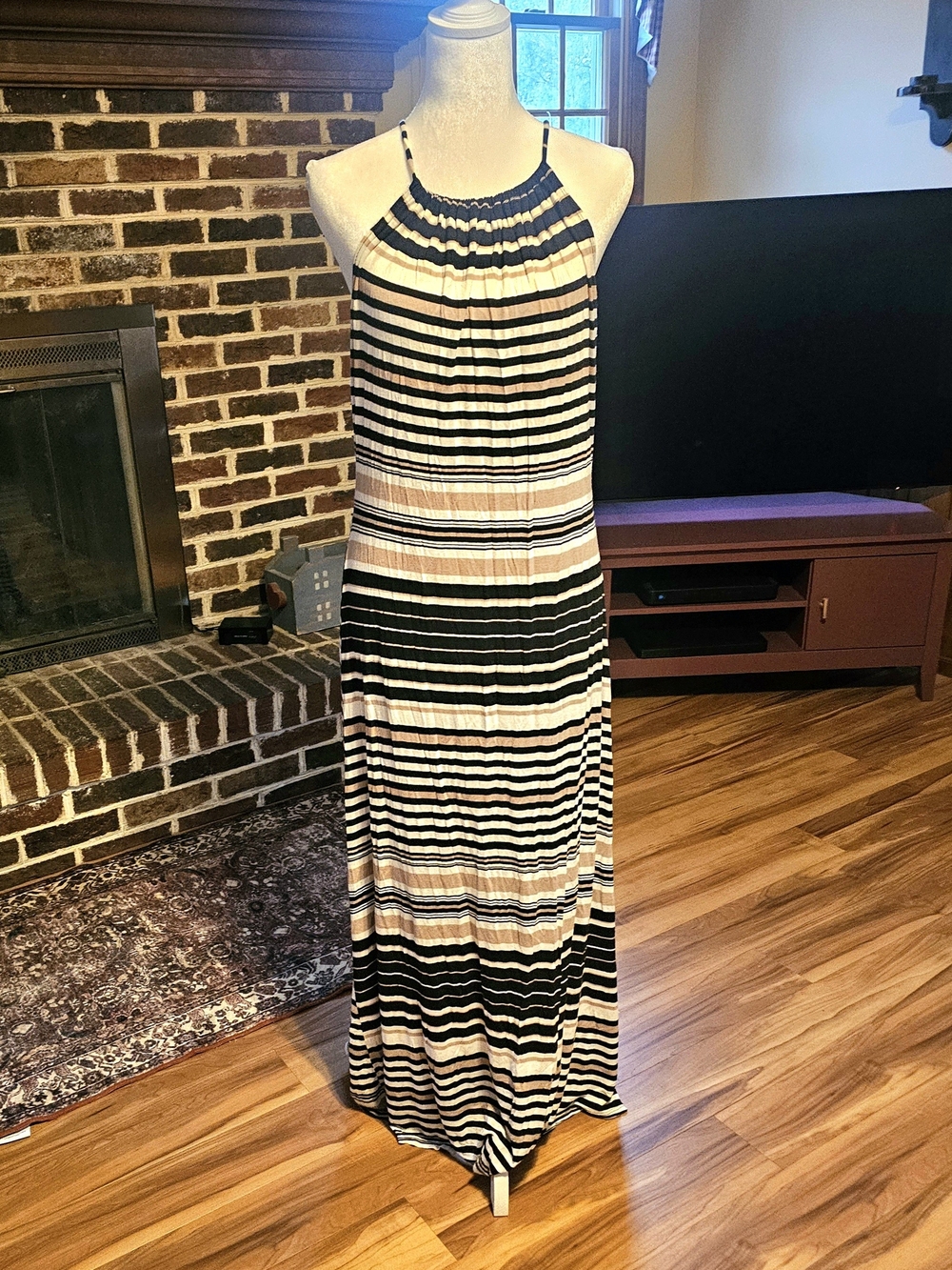 Olivia Matthews Navy and Cream Striped Halter Maxi Dress